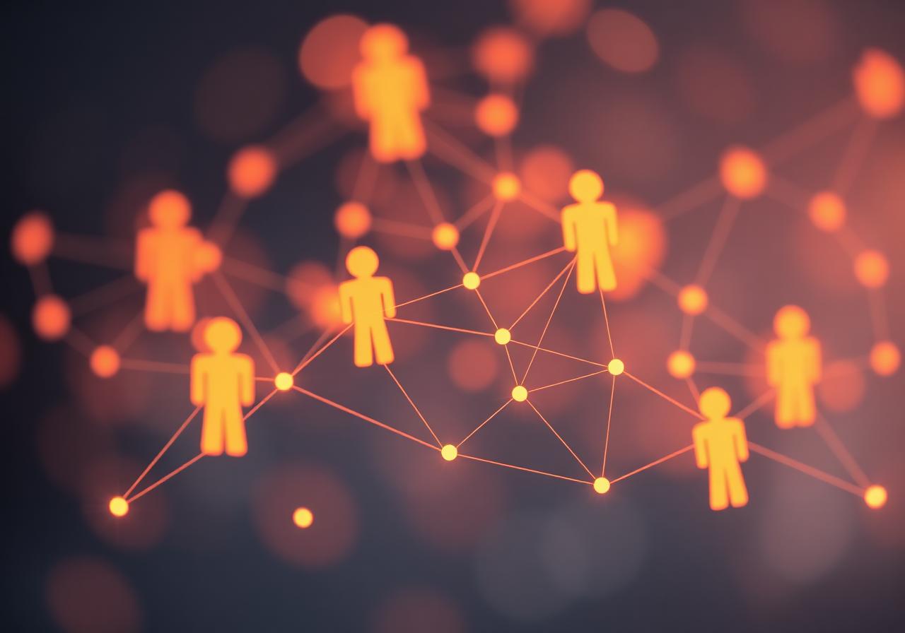 Warm network of people and relationships connected by light